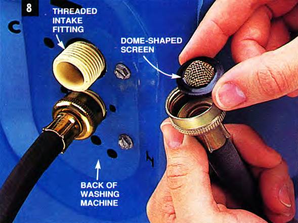 Disconnect the hoses at the back of the washing machine and clean the dome-shaped screens