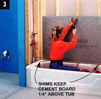 Attach the cement board to the walls with roofing nails or galvanized screws along the wall studs