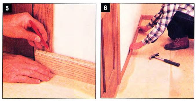 Mark the cut for a butt joint, add one-sixteenth of an inch, cut to length, bow baseboard, and push it against the wall - the result is a tight joint