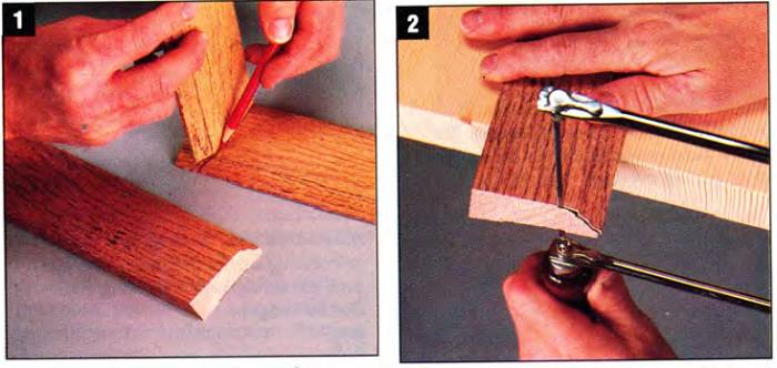 Cut complex-shaped miters with a coping saw by using narrow blade cuts on the pull stroke