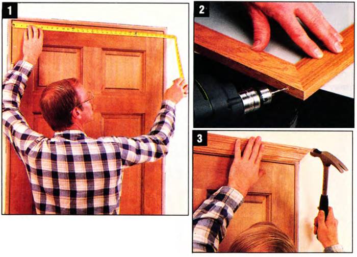 Take real-world, relative measurements and pre-drill holes for the finish nails; also tack the top casing, but only nail it off when the miters fit
