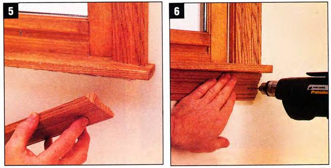 Miter the returns on the apron ends, pre-drill and nail the apron to the wall, and finally nail the stool to the apron