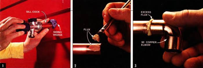Install the frost-free faucet with an angled siding wedge with a liberal amount of flux and connect the fittings to all the new pipe sections