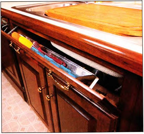 The sink front panels also create opportunities for storing long items