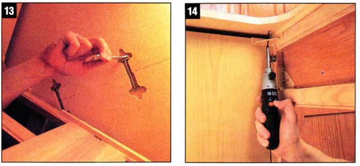 Tighten the fasteners and secure the countertop to the cabinets using screws