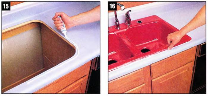Use adhesive caulk before dropping the sink in place