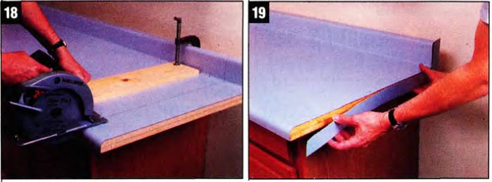 Cut countertop section to length using a saw guide for a straighter cut, and apply the end cap with contact cement
