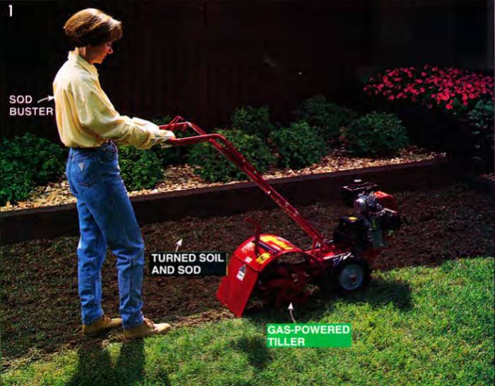 Use a gas-powered tiller to turn the soil and your old sod