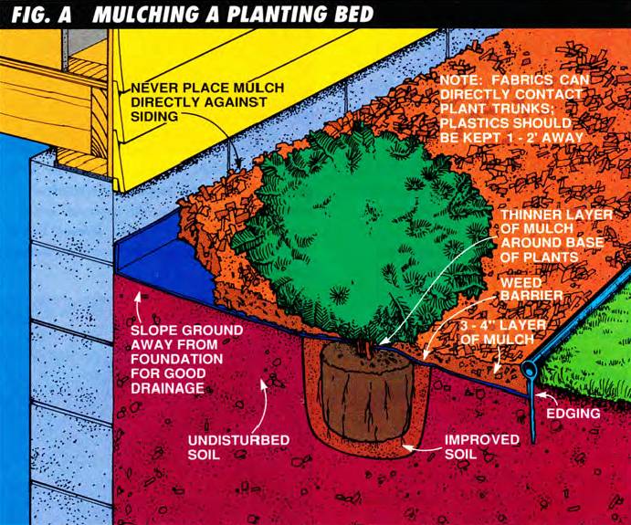 Never place the mulch directly against the siding, slope ground away from foundation to ensure good drainage, add three or four inches of mulch above the weed barrier, and an edging to separate the planting bed from the lawn