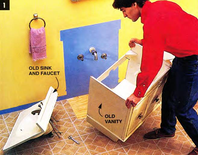 Shut off the water, disconnect the watter supply lines, drain the arm and the trap, and remove the old sink, faucet, and vanity