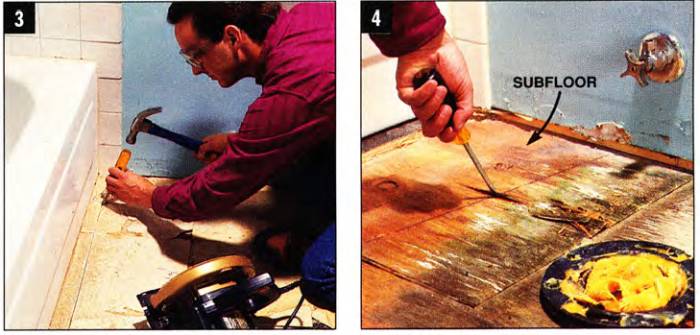 Cut throught the vinyl and probe the subfloor again to determine rot damages