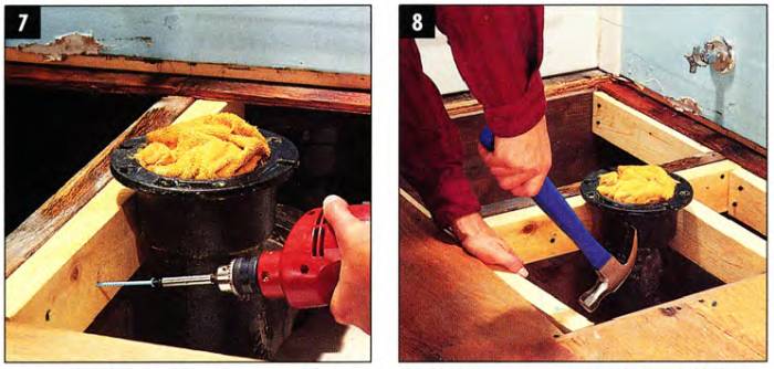 Fasten a 2x4 to the damaged joist to ensure a flat, solid nailing surface