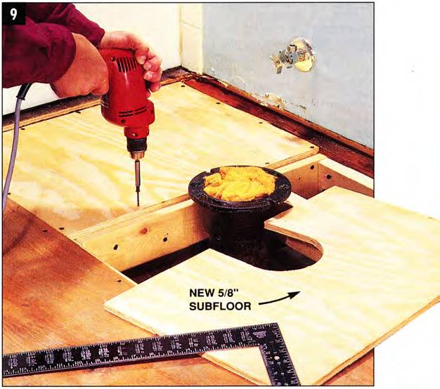 Fasten the new subfloor patch in place on all edges to joists and 2x4 blocks every 6 inches