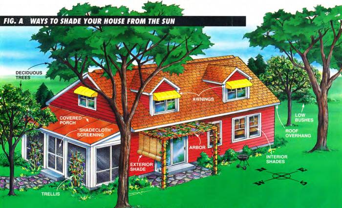You can use decidous trees, covered porch, shadecloth screening, exterior and interior shades, roof overhang, arbor, low bushes, trellis