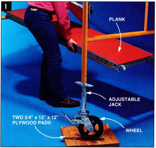 Rent a rolling scaffold and read the instructions for mounting it. Get a pair of plywood pads and place them under the wheels in order to use the adjustable jack and level the scaffold plank