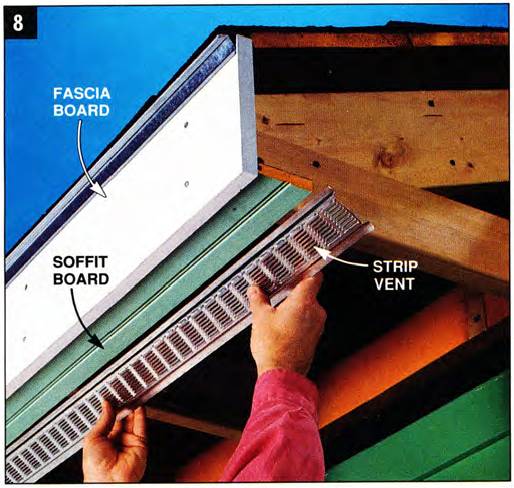 Install a strip vent in the new soffit to ventilate the roof and the attic, and fasten it all using galvanized finish nails