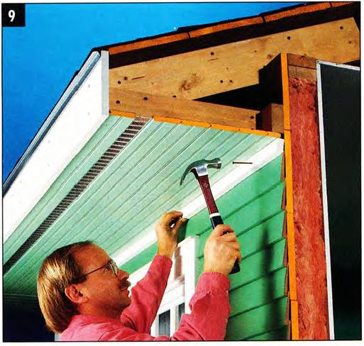Cut the last soffit board to fit and cover the sawn edge with the trim strip