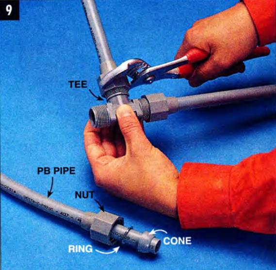 PB pipe uses compression joints composed of a nut, a ring, and a cone