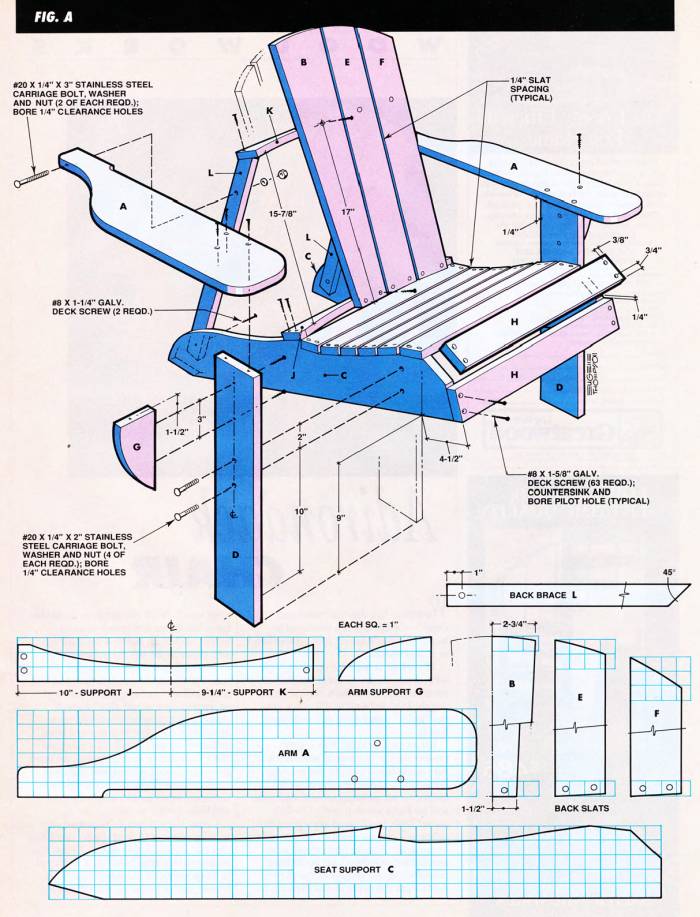 Exploded view of the Adirondack chair plans with dimensions, amounts of screws and bolts, and the patterns for the curved parts