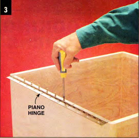 Screw the piano hinge to the box