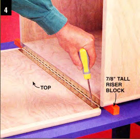 Next, use a riser block to screw the piano hinge to the top