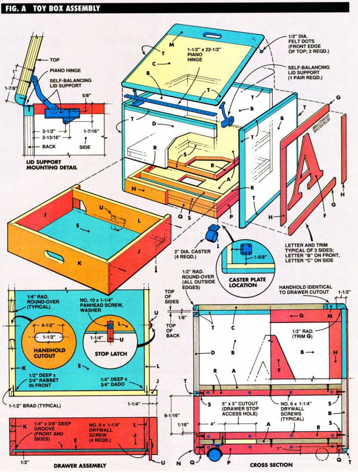 Exploded view, drawer assembly, cross section, and mounting details of DIY toy storage box free plans with dimensions and color-coded parts