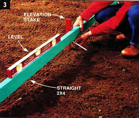 Determine the slope of the patio with a level, a 2x4, and some stakes