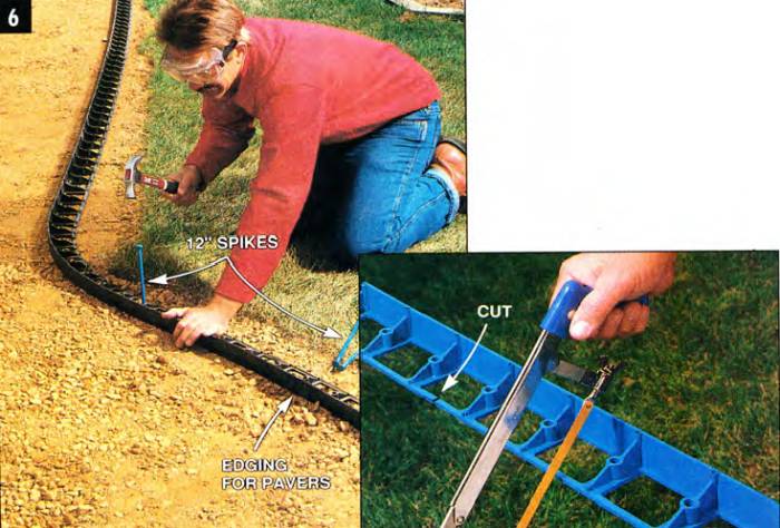 Install edging using spikes; cut the webbing on the backside to make the edging flex for the curves