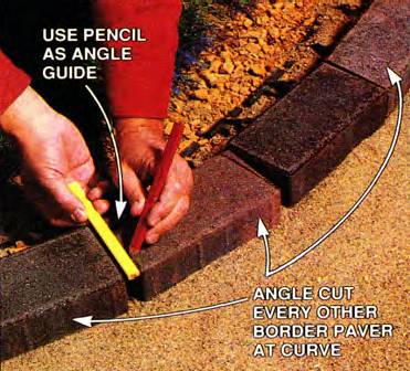 Use a second pencil as an angle guide and angle cut alternate border pavers