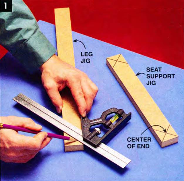 Start making the leg jig and the seat support jigm using a combination square to mark the centers of the ends