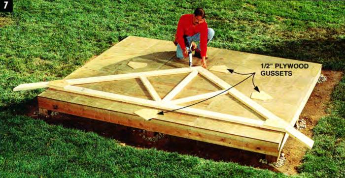 Assemble the trusses using plywood gussets to avoid splintering and the floor as a big assembly table
