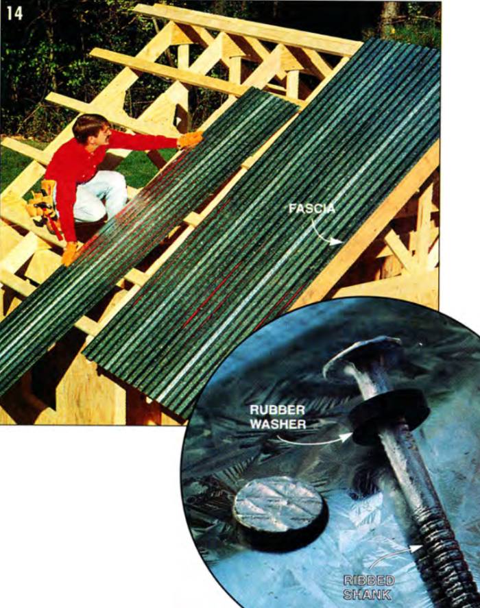 Use special nails to secure the metal panels to the purlins, overlapping the sheets by one corrugation on each side