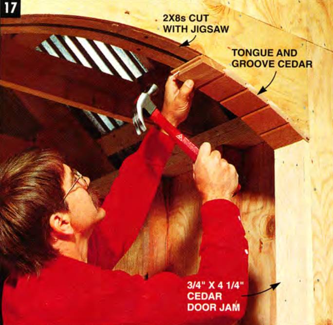 Cut the 2x8s with a jigsaw and add the tongue-and-groove cedar to complete the arch