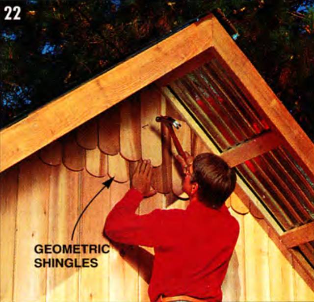 Nail the decorative geometric shingles on the gable ends