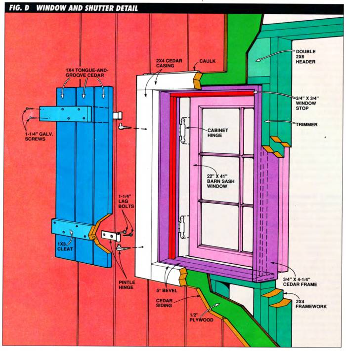 Exploded view containing the free plans for window, window frame, and shutter components, color coded with dimensions