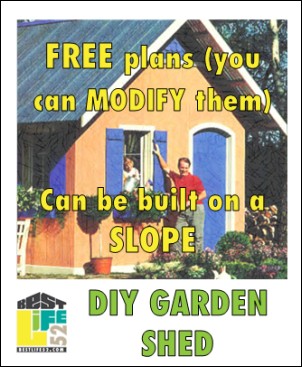 Modify these plans to your needs. Build this shed on a slope (it's supported on posts). Plus it has a cool Dutch door!