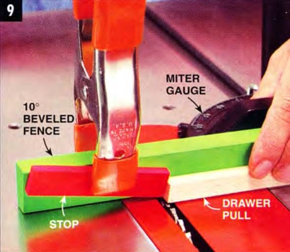 Cut beveled edges on the drawer pull by clamping a beveled fence to your miter gauge