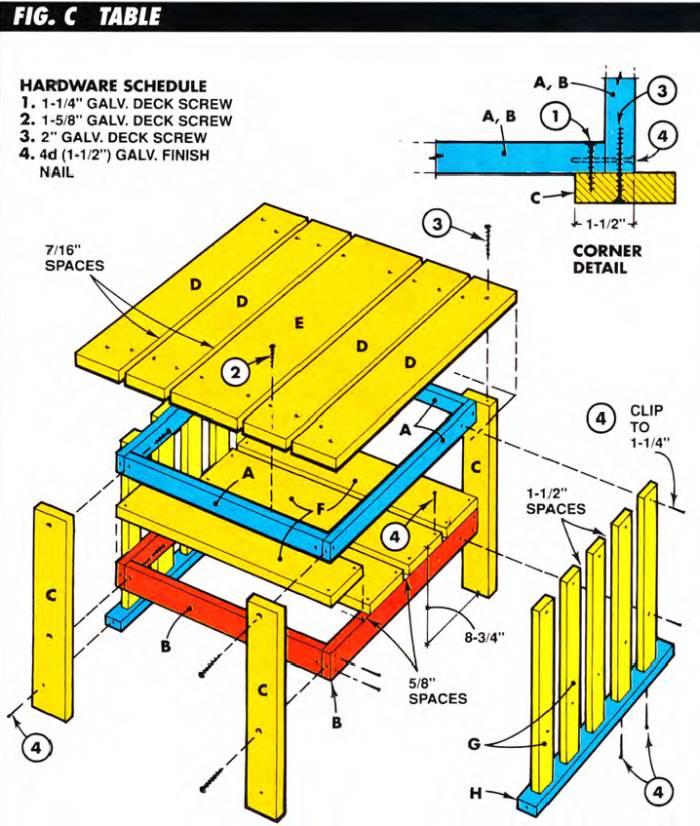 Exploded view of the outdoor side table free plan with dimensions and assembly instructions