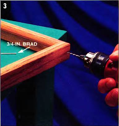 Predrill pilot homes to insert brad nails through the sides into the miter joints and reinforce them
