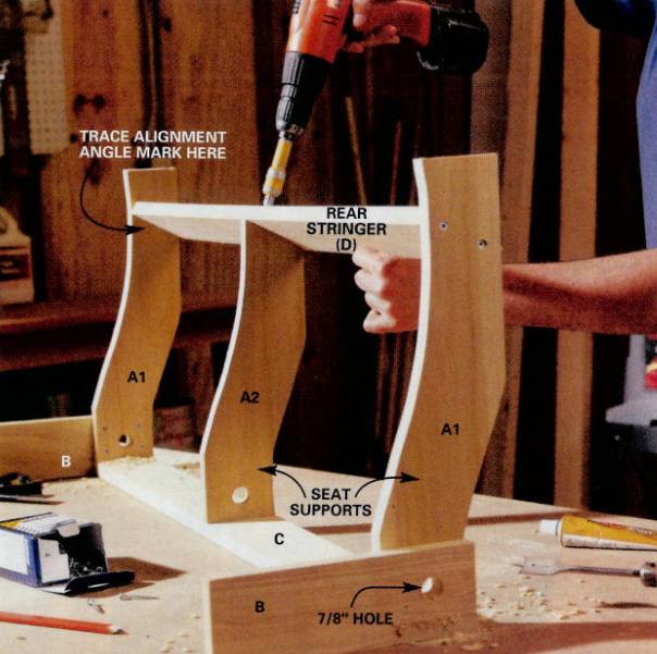 Use piece A2 to trace the angle on both A1 pieces and start screwing the rear stringer
