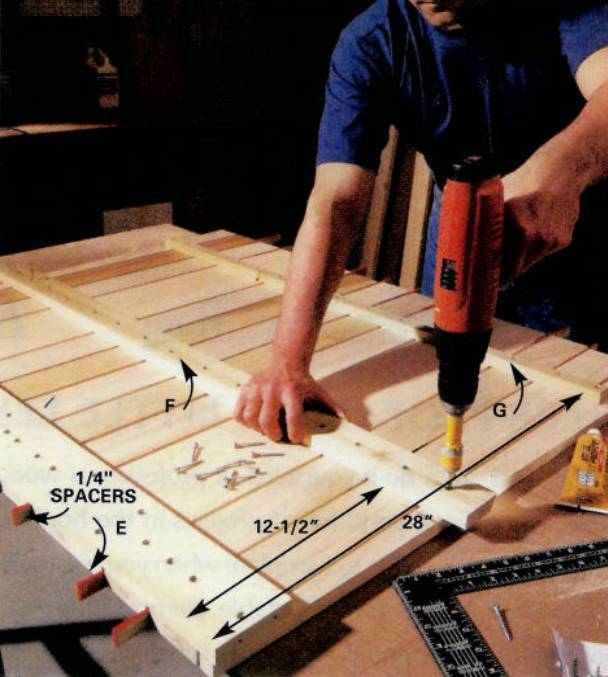 Lay all the back slats on your workbench and slip temporary spacers to ensure uniform spacing, and start screwing them to the bottom brace from the center towards the ends