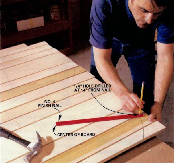 Use a beam compass to trace the top curves and cut them with a jigsaw