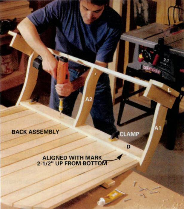 Hang the lower part of the back assembly to glue, clamp, and screw the assemblies together