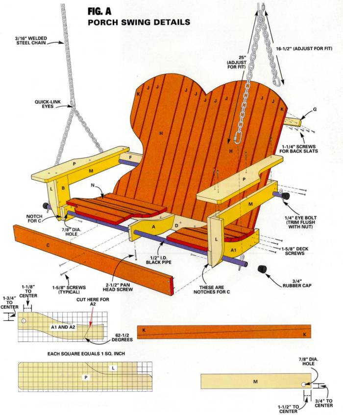 Exploded view of porch swing free plans with dimensions, cut list, and assembly instructions
