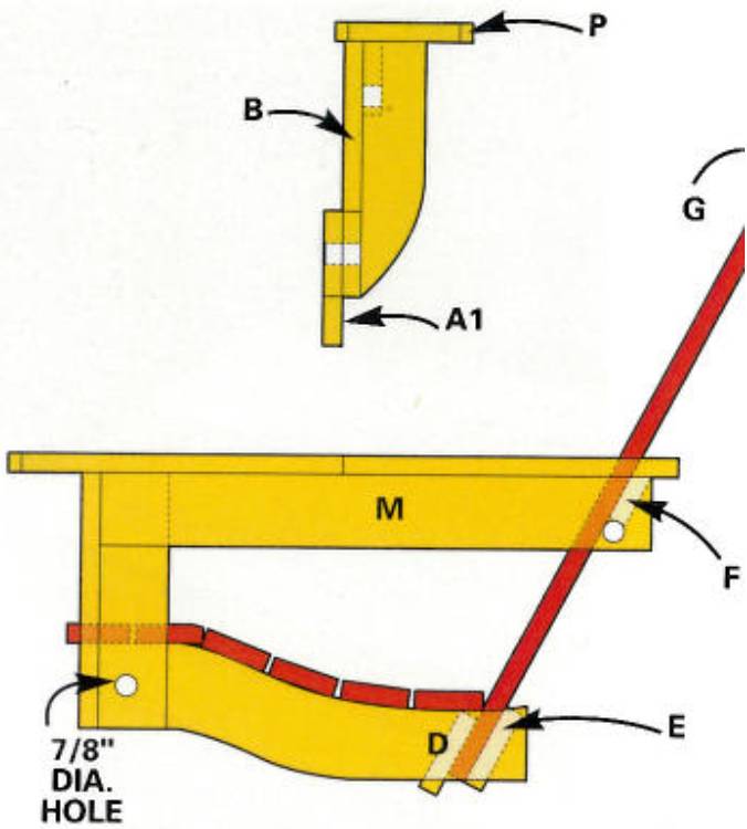 End view drawing with details of the porch swing assembly