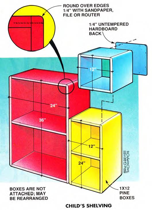 Free plans for child's shelving with rounded edges and happy colors