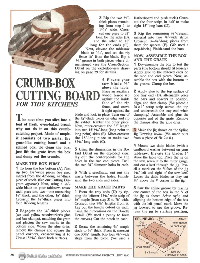 Different cutting board plans with crumb-catching box