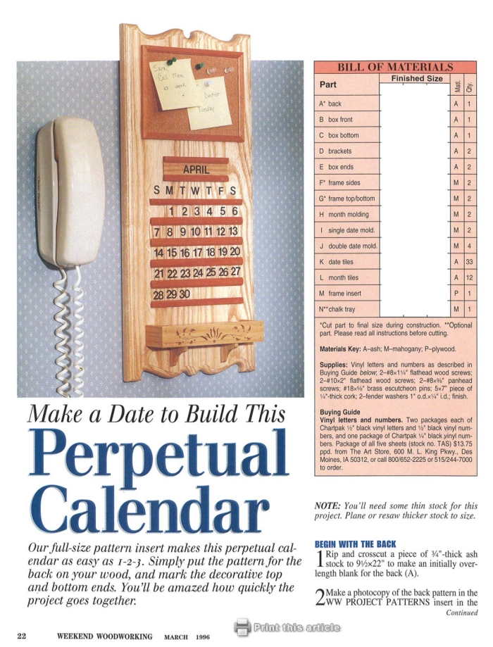 Wooden wall perpetual calendar plans