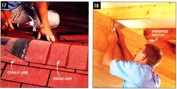 Install the ridge cap and fit the siding around the rasfter tails with a jigsaw