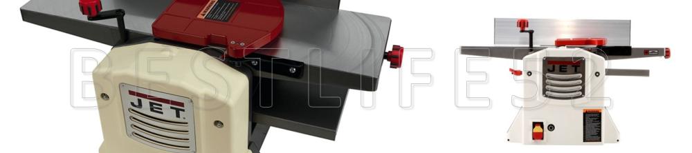 Two views of the Jet JJP-8BT benchtop 8-inch jointer-planer combo over a white background
